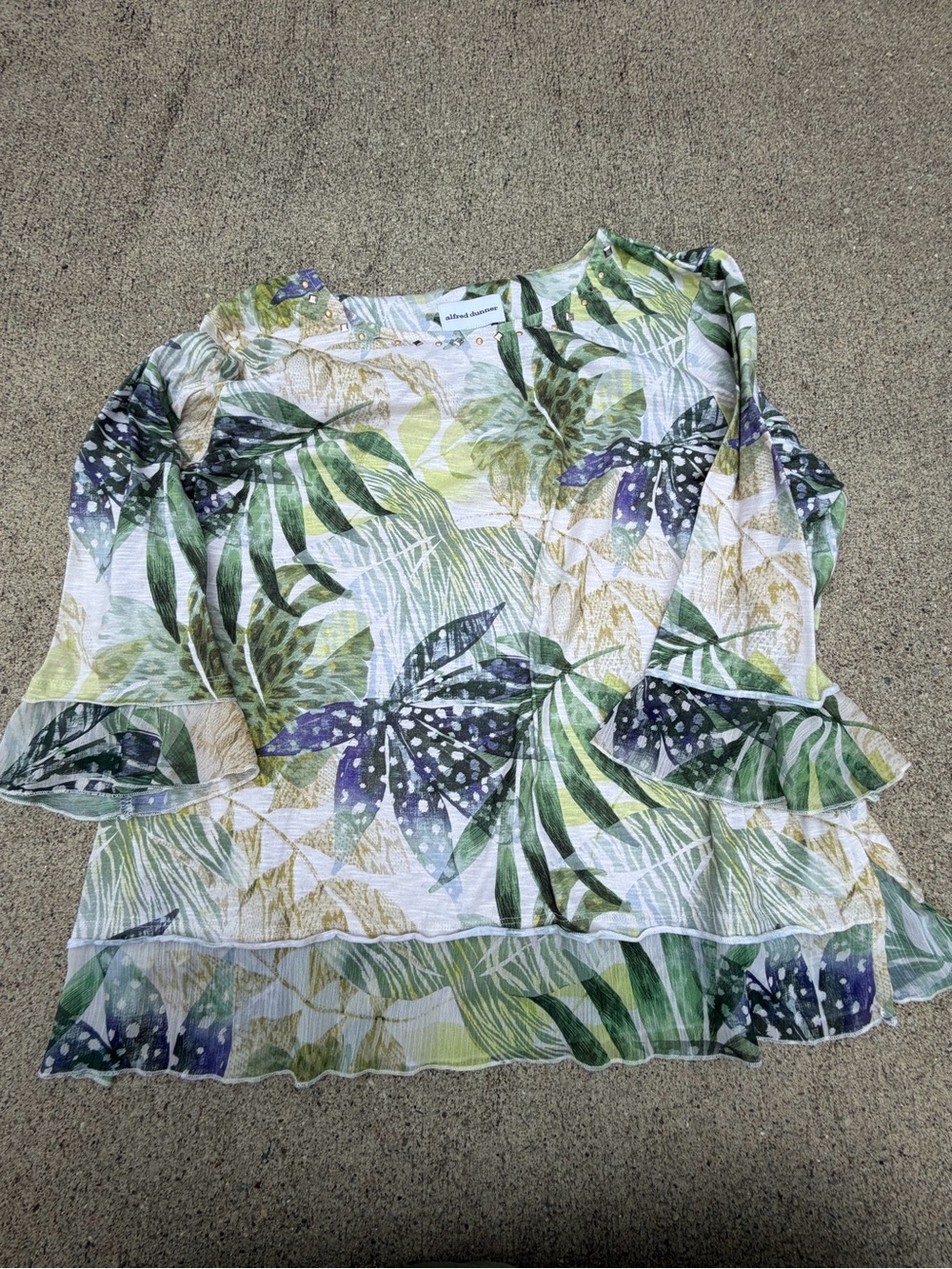 Alfred Dunner Women's XL Green White Purple Floral Ruffle Knit Pullover Blouse